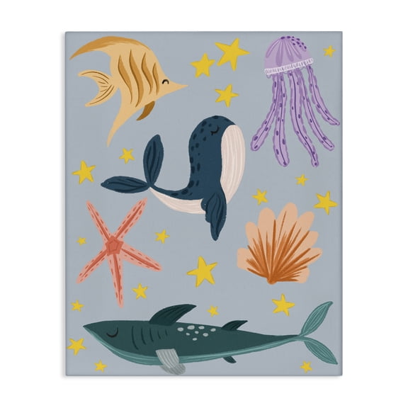 Stupell Industries Whimsical Marine Creatures Animals Painting Wrapped Canvas Art Print Wall Art, 16 x 20