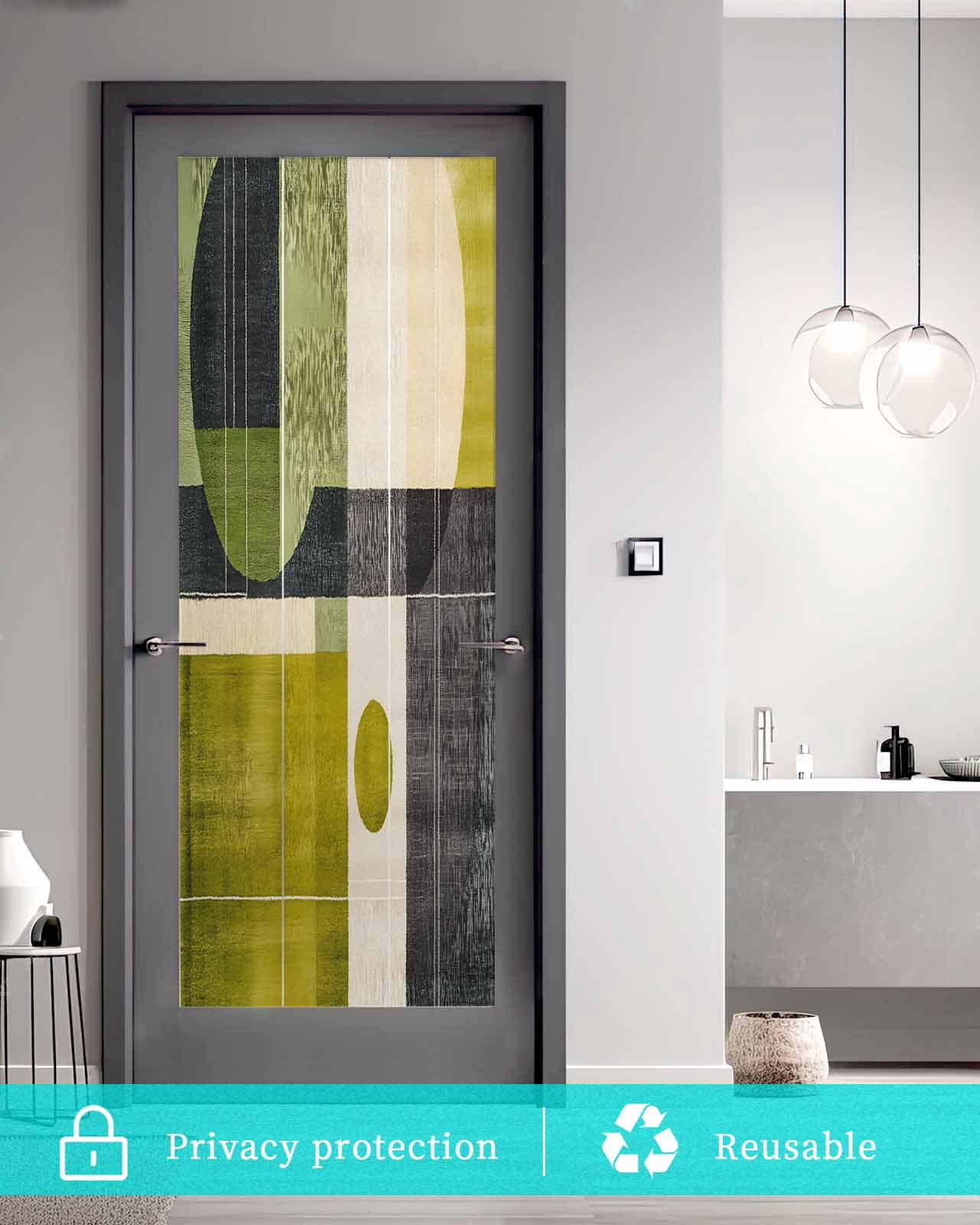 Window Privacy Film Geometric Green Stained Glass Window Film Decorative Sun Block Window Cover Middle Century Simple Abstract Art Window Clings Static Adhesive Sticker for Bathroom 23.6"x59"