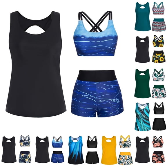 zaveiop 3 Piece Tankinis Swimsuits for Women, Tummy Control Swim Bathing Suits, Athletic Plus Size Swimwear (Dark Green, XXL)