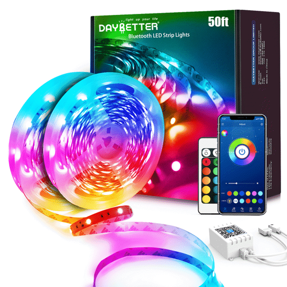 DAYBETTER Bande Lumineuse DEL Bluetooth de 15 m, Synchronisation Musicale, Bande DEL 5050 RGB avec Télécommande, Minuterie, Lumières DEL à Changement de Couleur pour Chambre (Application + Télécommande + Micro)