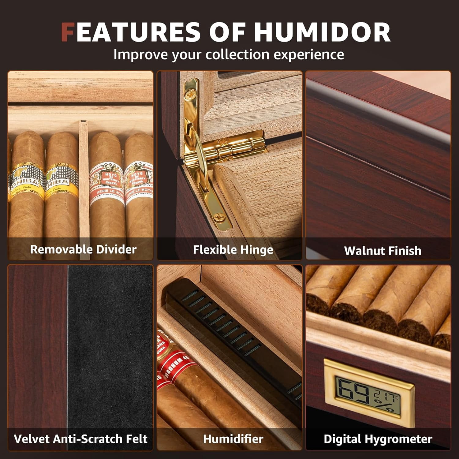 MY Cigar Humidor, Spanish Cedar Wood Humidor with Accurate Digital Hygrometer, Humidifier, Divider, Handcrafted Cigar Humidor Box Holds 40-60 Cigars, Gift for Cigar Lovers