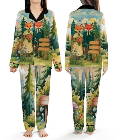 Cute Woodland Fox Couple Pajama Set – Romantic Nightwear, Forest Theme Loungewear Gift for Women, Anniversary, Valentine & Holiday Present