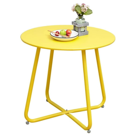 ACCVER Outdoor Side Table, 18-inch Small Round Side Snack Table with Adjustable Feet, Anti-Rust Metal End Accent Table for Patio Porch Balcony, Yellow