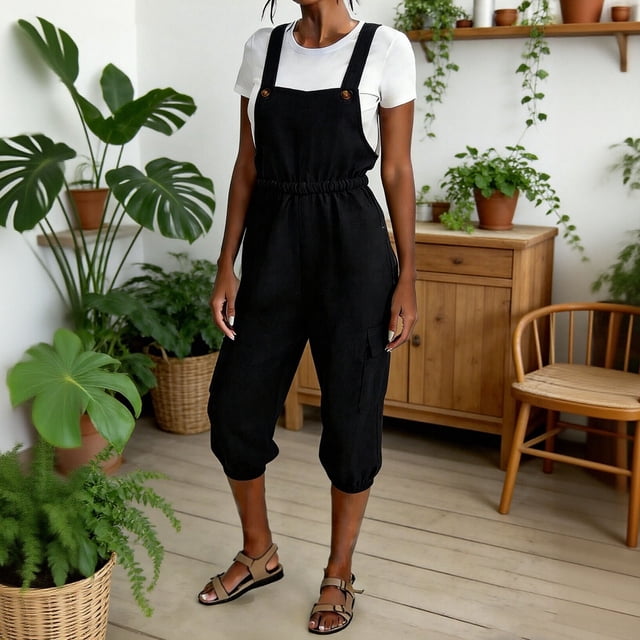 TaTaai Women's Casual Linen Texture Overall Shorts Loose Fit Sleeveless Shoulder Straps Cargo Jumpsuit with Side Pockets Elegant Comfortable All Season One-Piece Outfit Gift