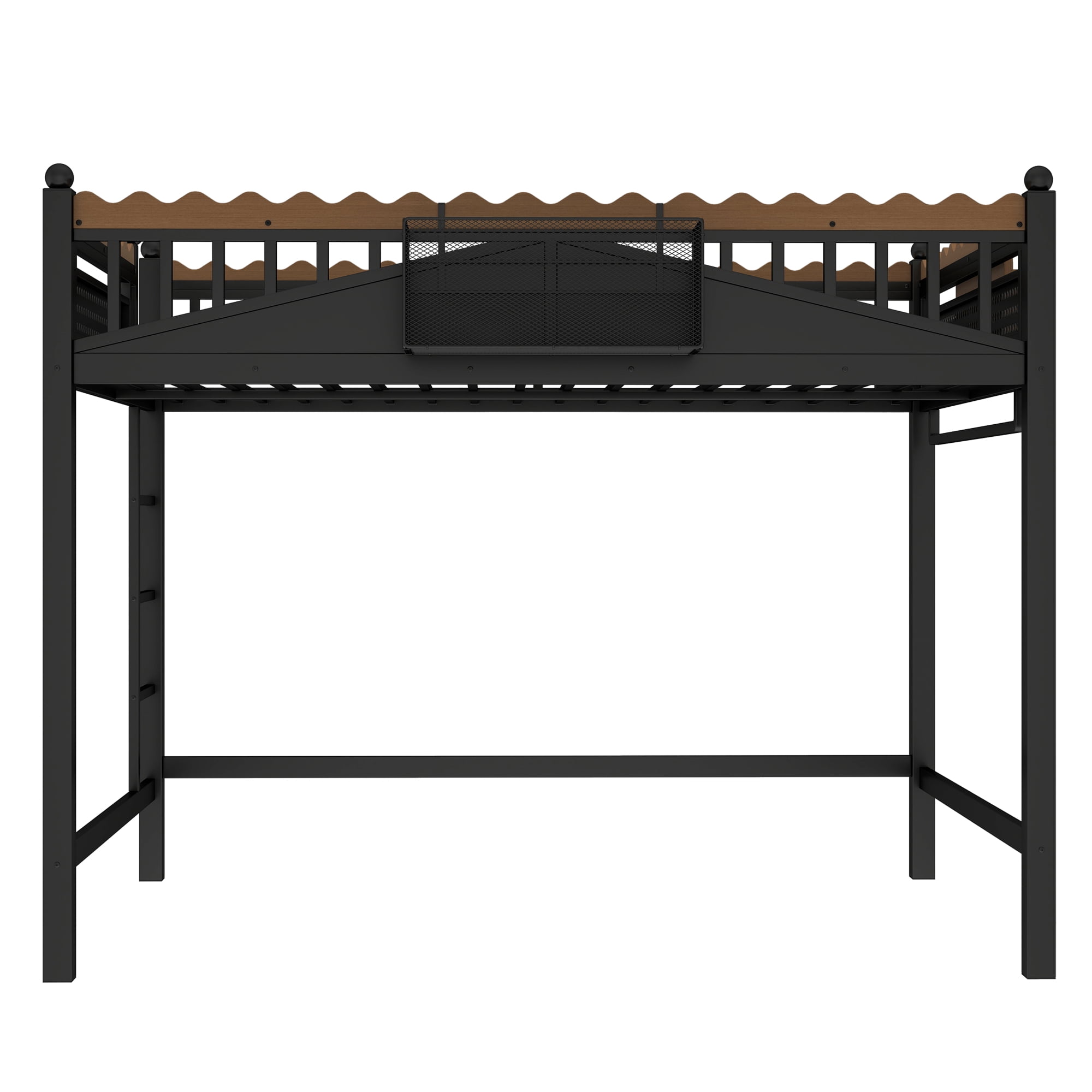 Leumius Full Size Loft Bed,Metal Loft Bed with Storage Baskets and Bookshelf,High Loft Bed with Large Under-Bed Space,No Box Spring Needed,Black