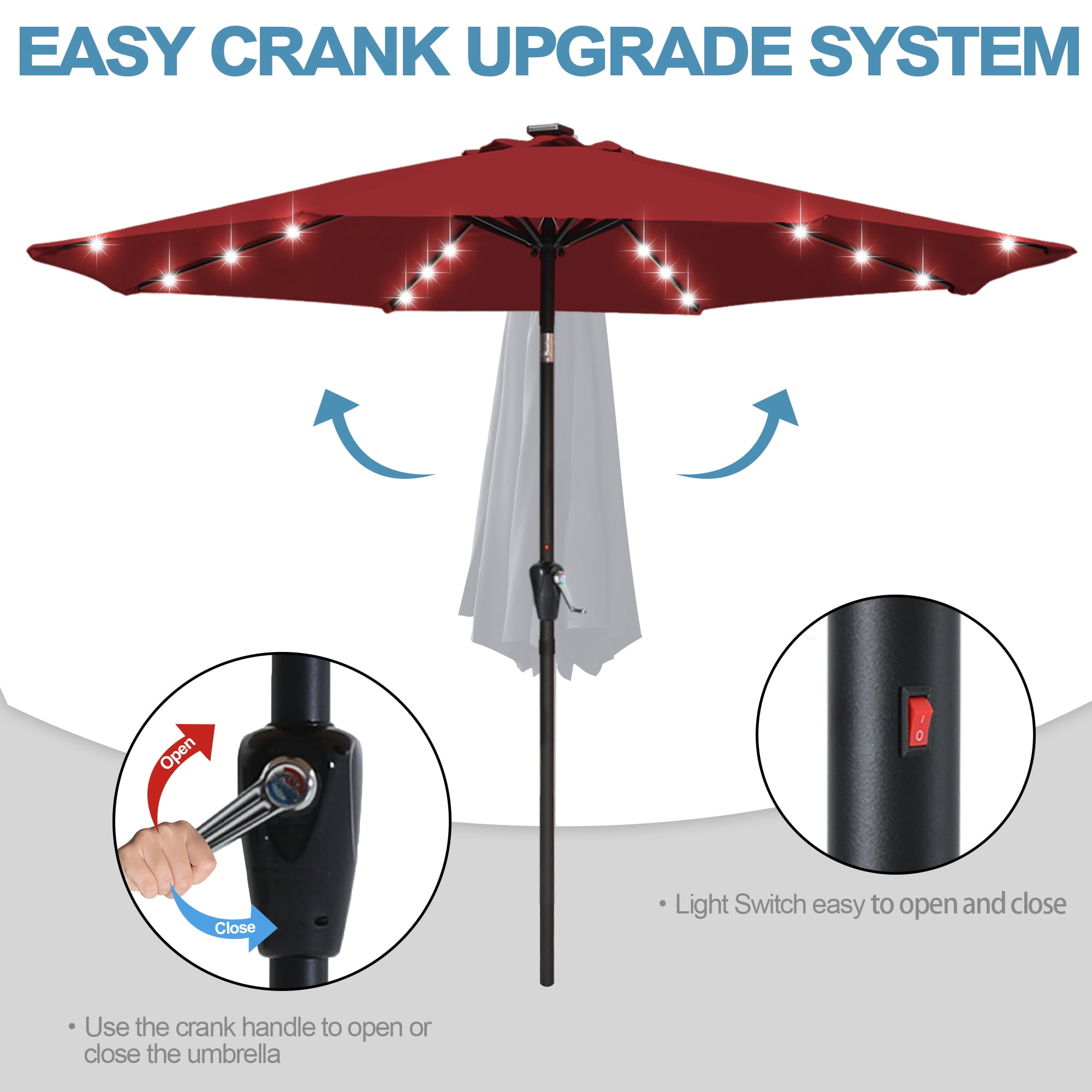 ABCCANOPY 10.5ft Patio Solar Umbrella LED Outdoor Umbrella with Tilt and Crank, Burgundy