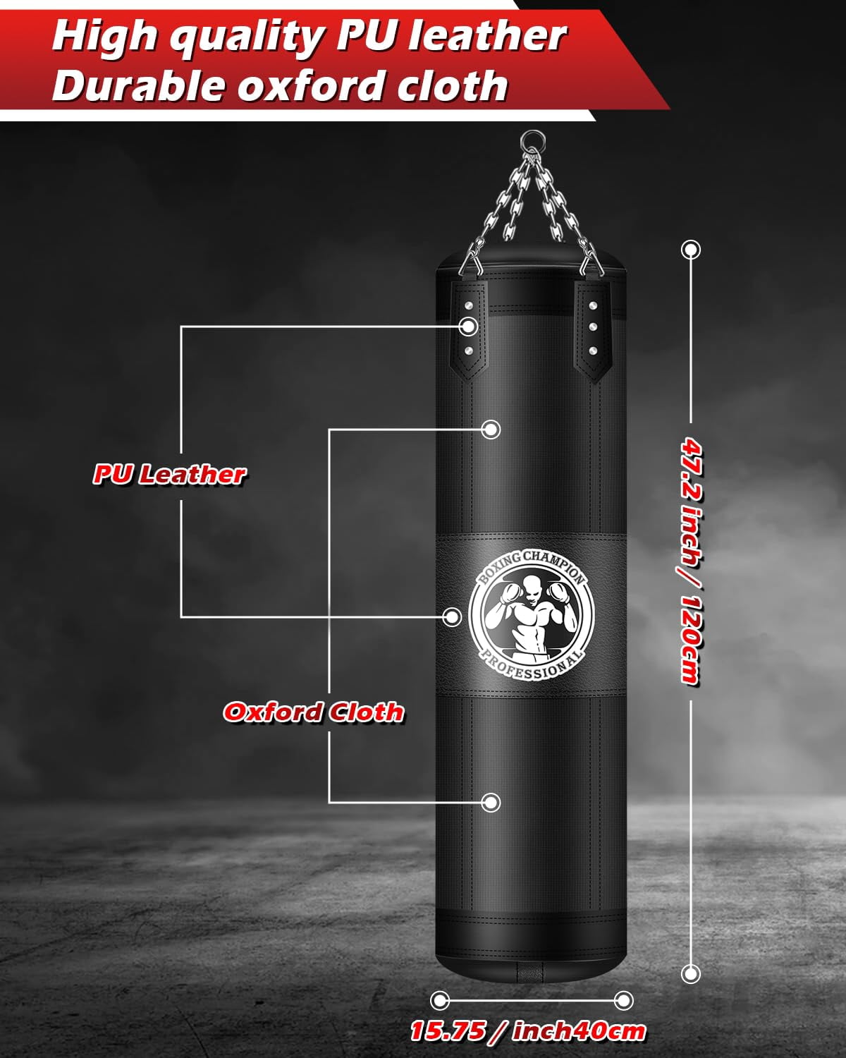 Punching Bag For Adults  4ft Pu Heavy Boxing Bags With Chain Ceiling Hook Hanging Kickboxing Muay Thai Karate Judo Home Gym Unfilled