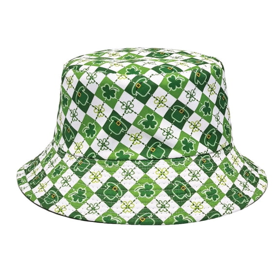 LJEFF Women St Patrick's Fisherman's Cap, Festive Four-Leaf Clover Print Reversible Adjustable Sun Hat Green