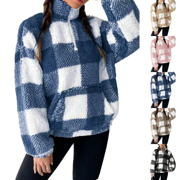 Plaid Sherpa Sweatshirt for Women Half Zip Up Cropped Pullover Soft Fuzzy Fleece Tops Fall Winter Clothes