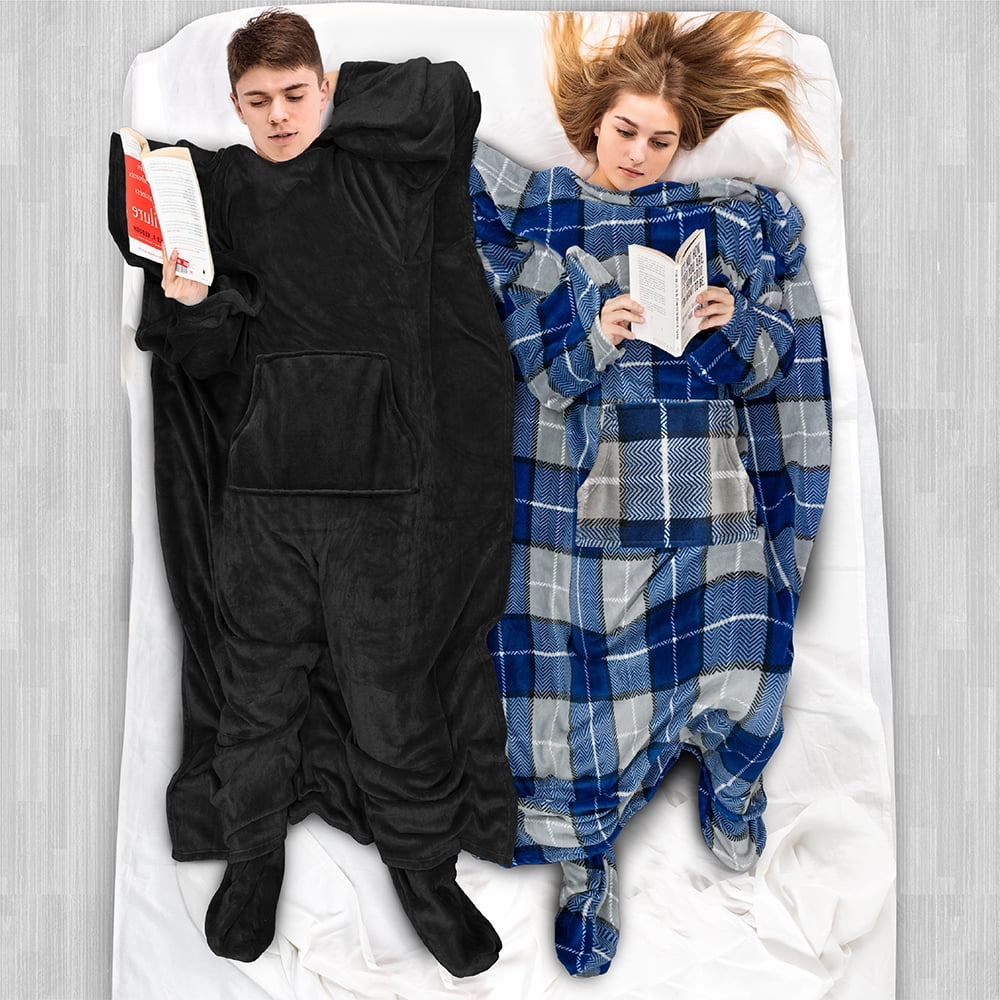 PAVILIA Fleece Blanket with Sleeves, Foot Pockets for Women Men Adults, Plush Wearable Blanket Throw Wrap, Warm Snuggle Blanket Robe, Cozy Gift Ideas Wife Mom, Black