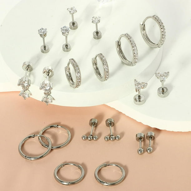 Juegos de aretes,Conjuntos de aretes para mujeres con múltiples perforaciones para niñas,Pendientes de aro con forma de botón,aretes con parte trasera plana,Pendientes apilados de acero Plata
