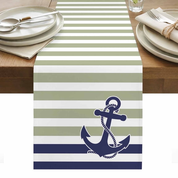 Striped Anchor Table Runner - 70 Inch Long, Kitchen Dining Table Runner Dresser Scarves, Navy Blue Nautical Sage Green Geometric Farmhouse Decor for Coffee Tables Wedding Party Banquet