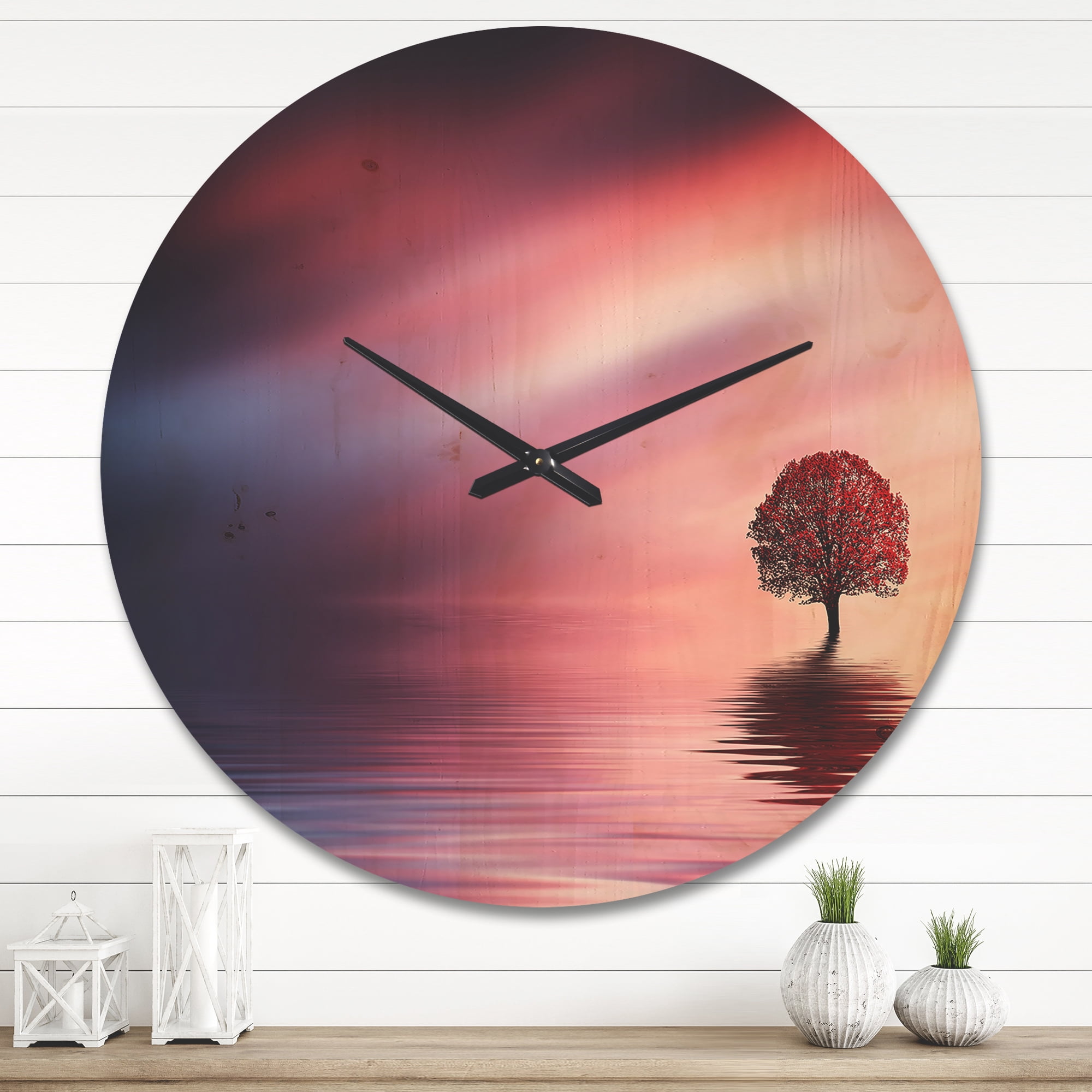 Designart 'Astonishing Lonely Red Floral Tree In Lake' Modern Wood Wall Clock