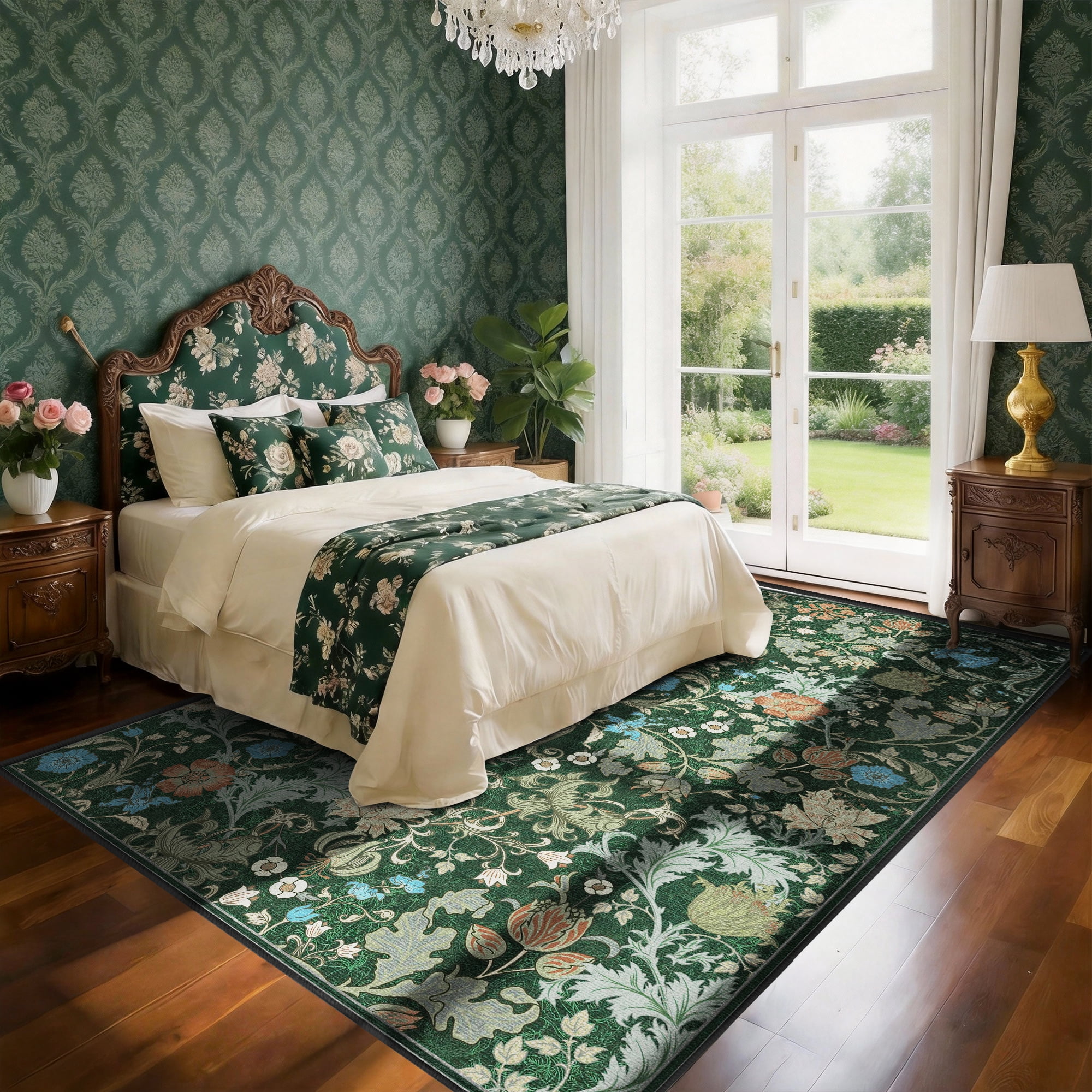 ATHOPE Floral 6x9 Area Rug, Machine Washable Rugs Soft Non Slip Low Pile Rugs for Living Room Bedroom Nursery Kitchen Dining Room Indoor, Large Floral Print Pattern Carpet, Forest Green