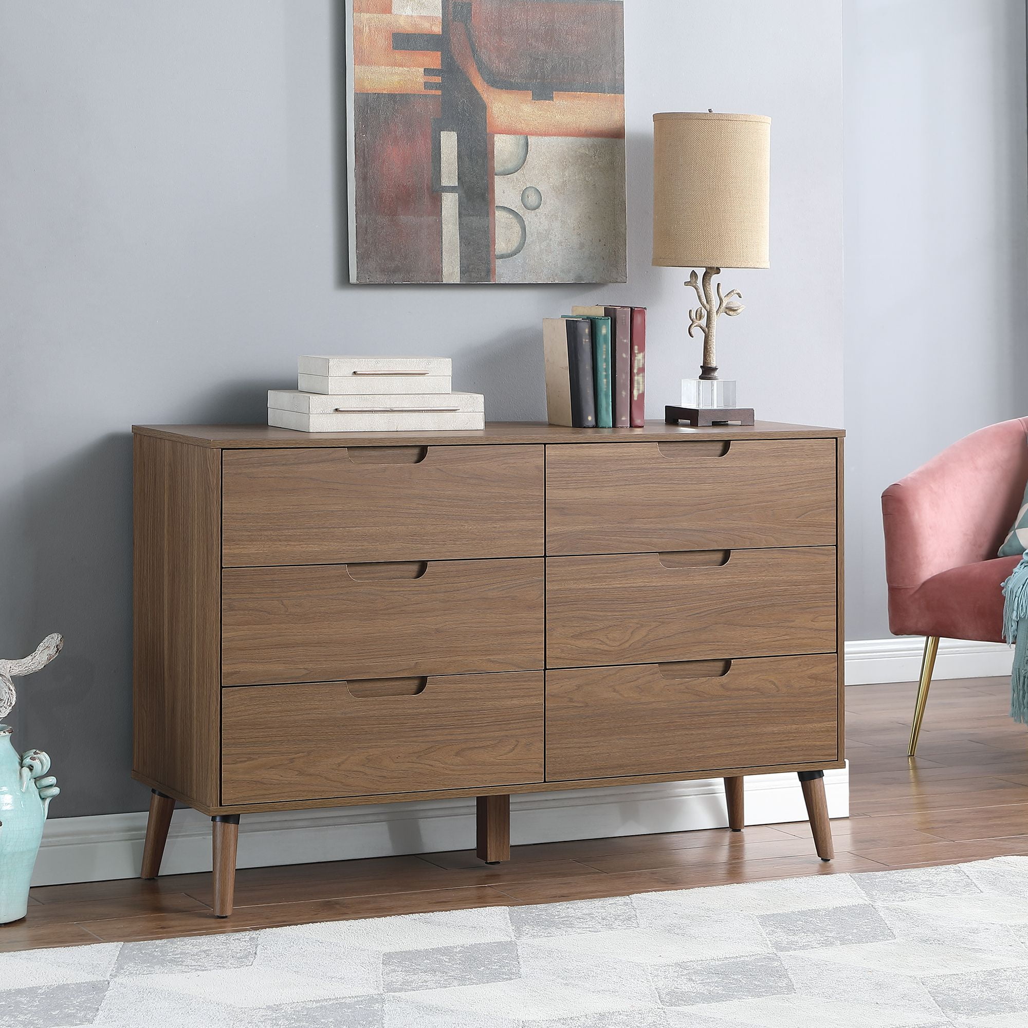 Mainstays Modern 6 Drawer Dresser, Bedroom, Brown Walnut