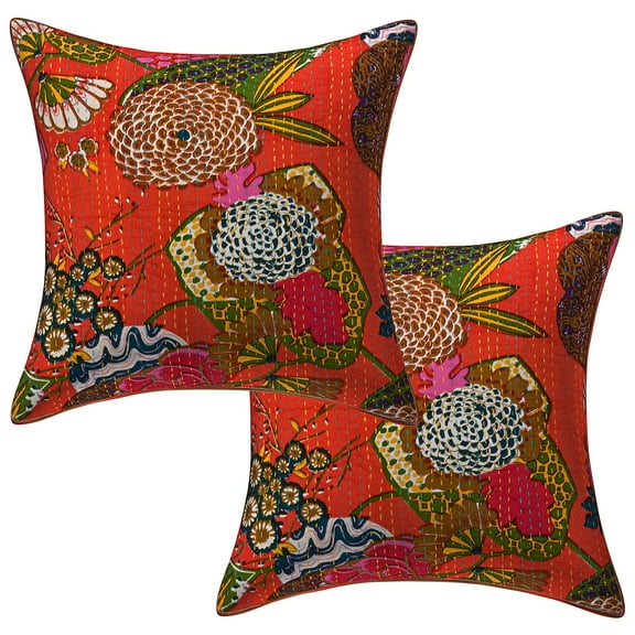 Stylo Culture Ethnic Sofa Throw Pillow Covers 16x16 Kantha Orange Printed 40cm x 40cm Home Decor Accent Pillowcase Cotton Tropicana Square Cushion Covers | Set Of 2
