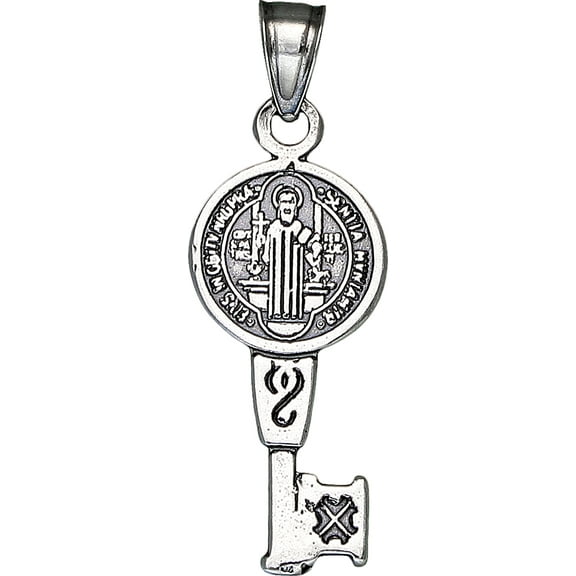 Sterling Silver Saint Benedict Key Medal Reversible Charm Pendant Necklace Antique Finish with 18 Inch Chain
