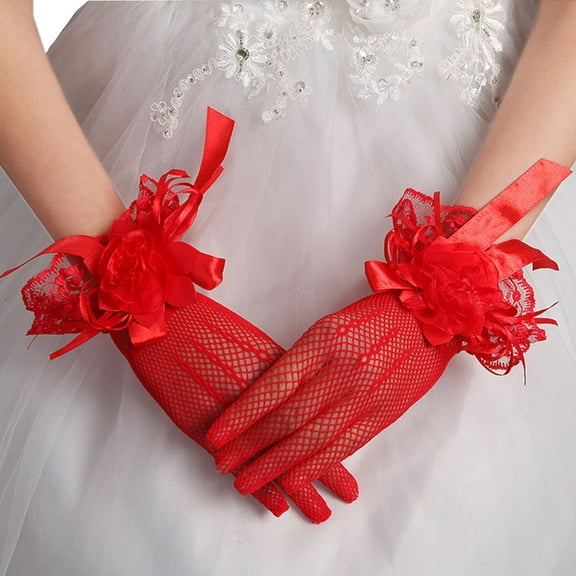 lanema Wedding Gloves Flower Decor Bridal Gloves Short Lace Gloves for Brides Full Finger Mesh Gloves for Evening Party