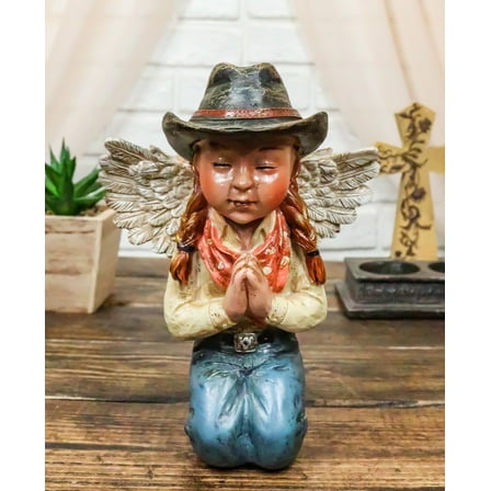 Rustic Western Cowgirl Angel Wearing Hat And Jean Praying On Her Knees Figurine