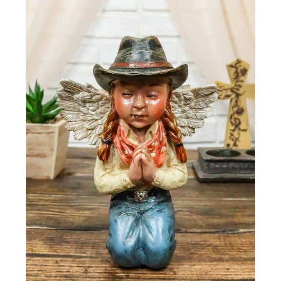 Rustic Western Cowgirl Angel Wearing Hat And Jean Praying On Her Knees Figurine