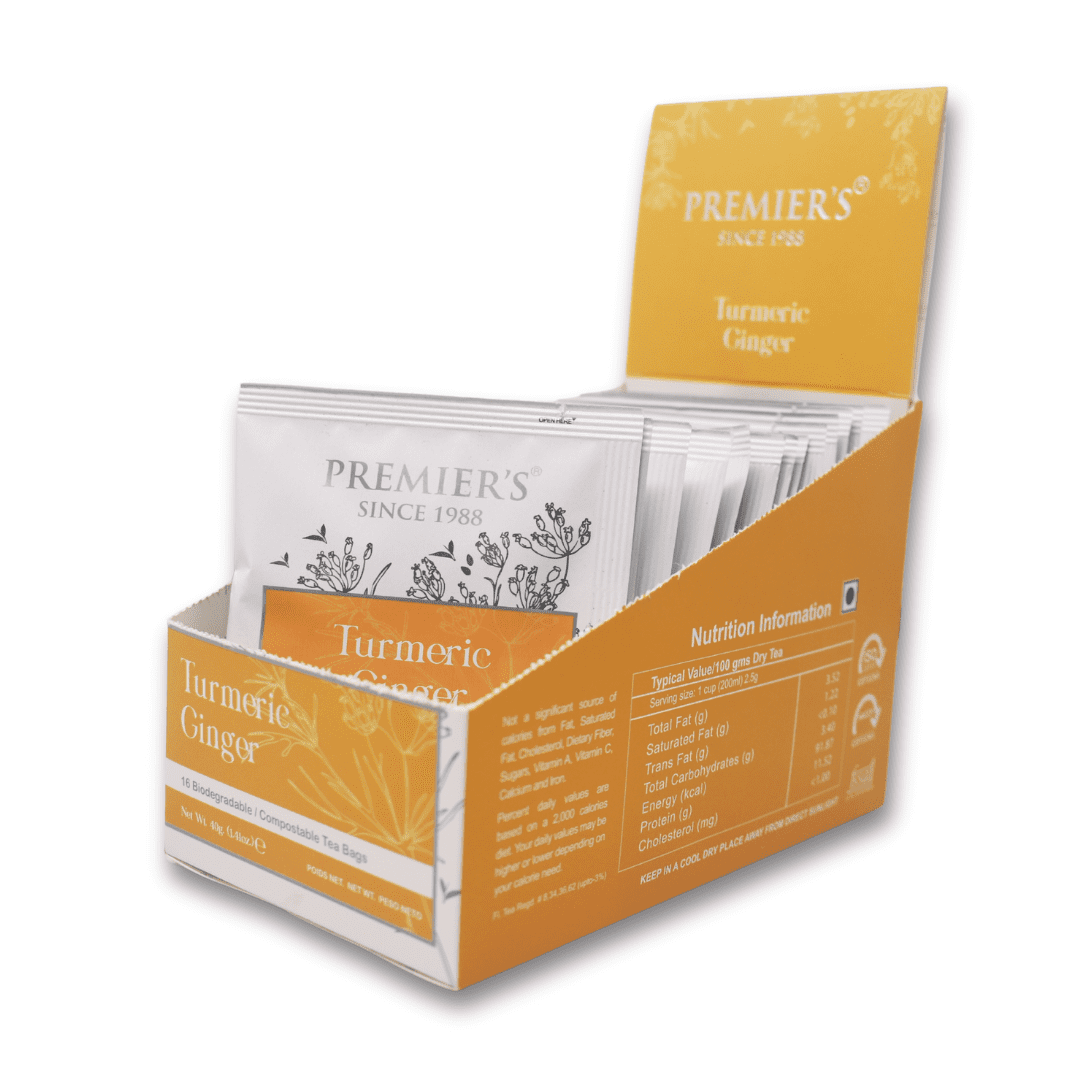 Premiers Turmeric Ginger Herbal Tea, Biodegradable/Compostable Pyramid Tea Bags, 16 Count, 1.41 oz