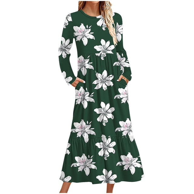 Robe Décontractée Imprimée à Manches Longues et Col Rond pour Femmes