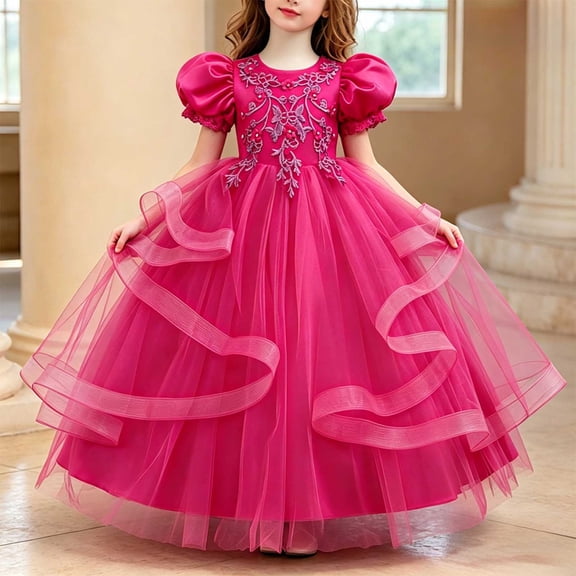 LEKWK Girls Tulle Ball Gown Puff Sleeve Ruffled Ribbon Formal Princess Dress with Lace Embroidery Prom Gown Wedding Flower Girl Dress for Birthday Party