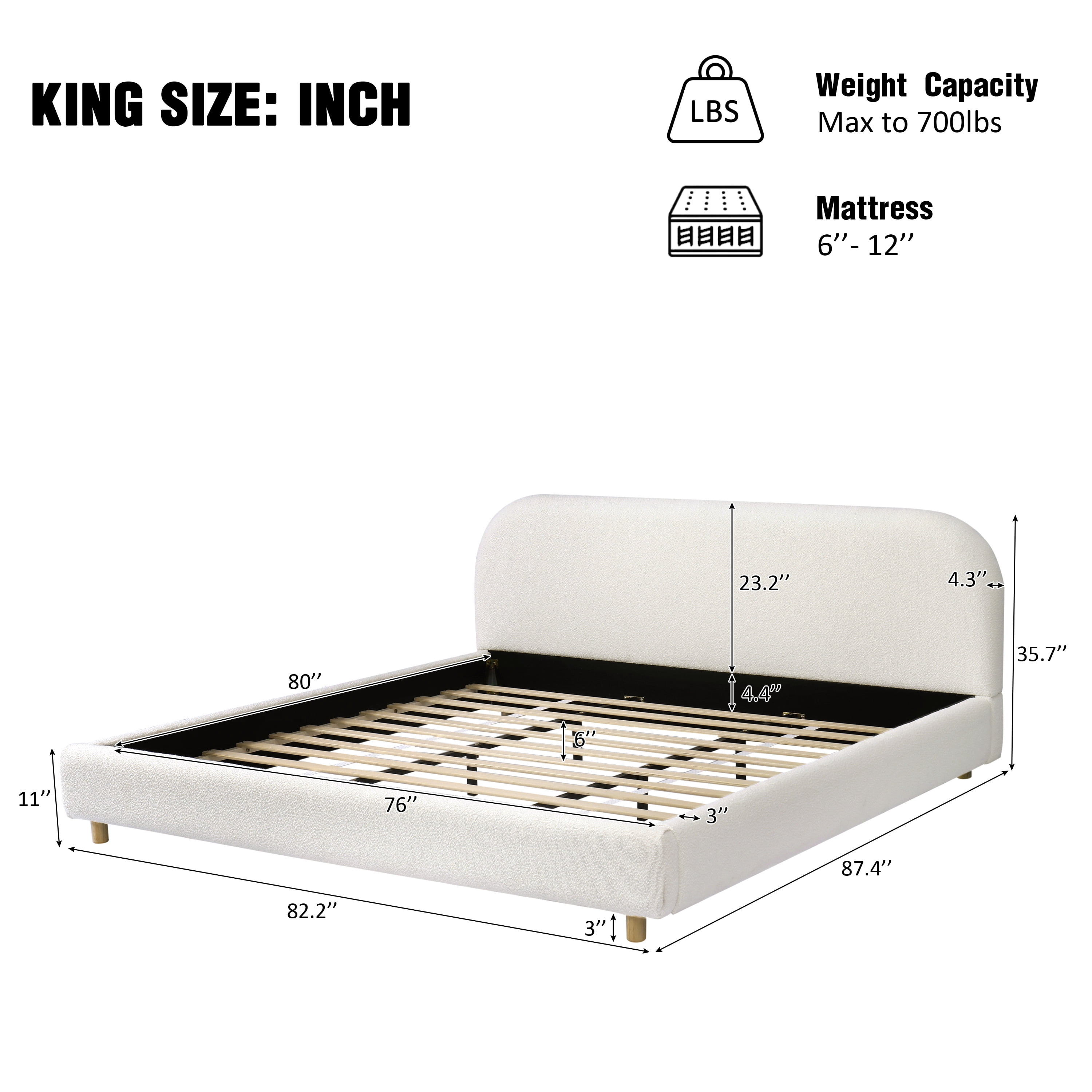 King Size Upholstered Bed Frame with Soft Boucle Fabric, Curved Thick Padded Headboard & Solid Wood Legs, Platform Bed for Bedroom, White