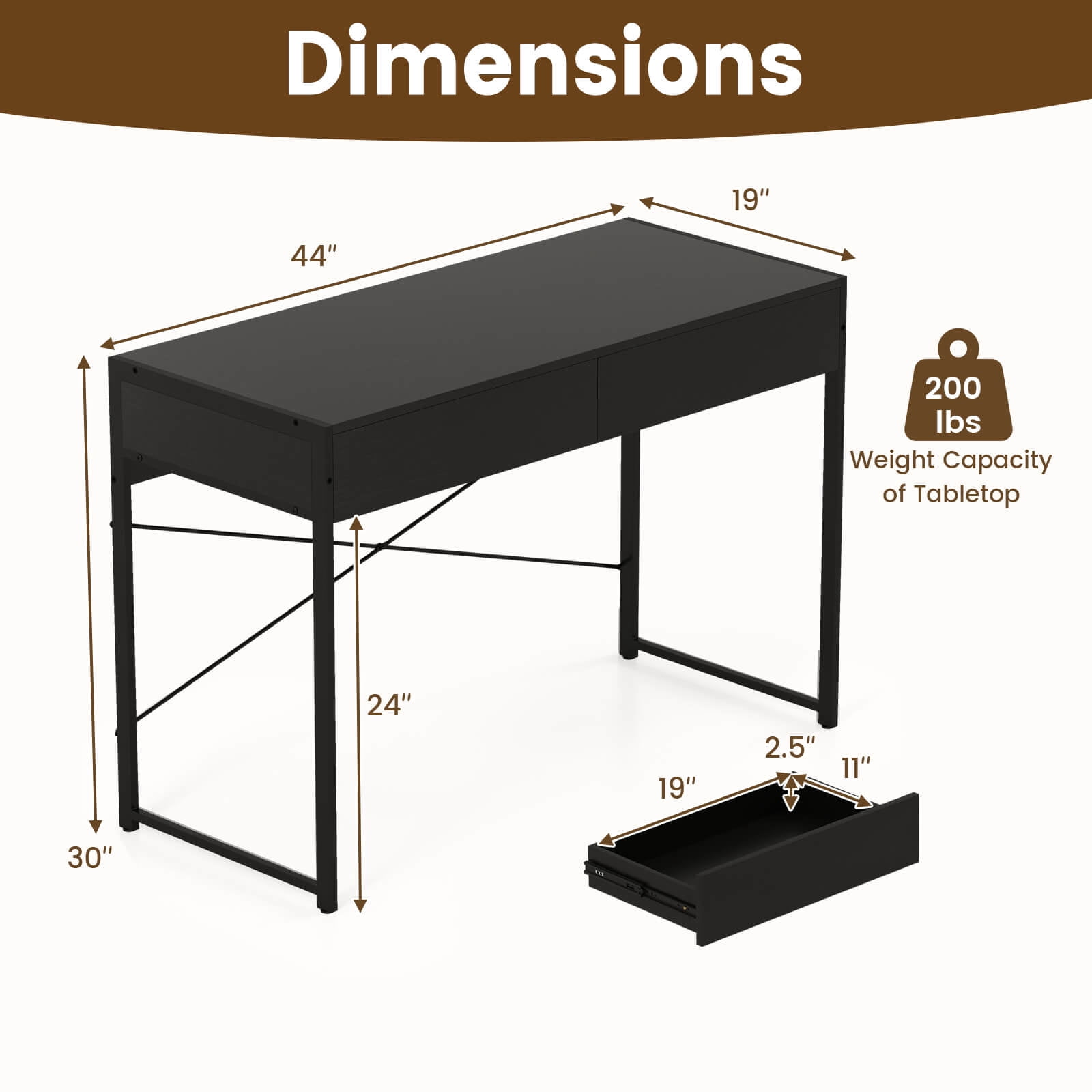 Costway Modern 2-Drawer Computer Desk wIth Reinforced Heavy-Duty Metal Frame Anti-Tip Kit
