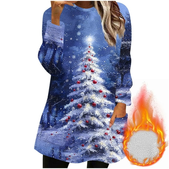 Women's Long Sweaters with Pockets Sherpa Fleece Christmas Crewneck Pullover Sweatshirt Tunic Tops for Leggings (XL, Purple|Xmas Tree)