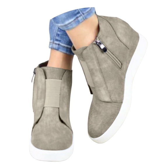 HEWUQI Women's Wedge Ankle Booties Elastic Hollow out Side Zipper Slip on Casual Comfortable Short Boots Daily Dress Shoes Khaki Size 10