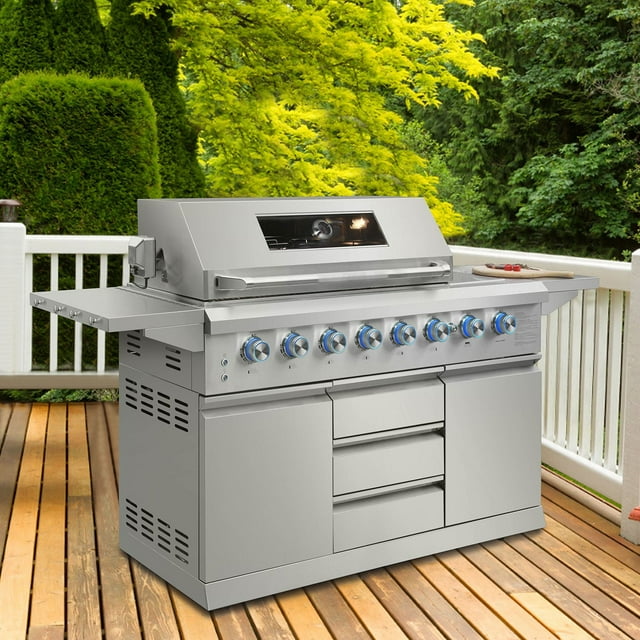 Thor Kitchen 8-Burner Stainless Steel Gas Grill Outdoor Kitchen with Griddle Side Burner and Foldable Side Shelf