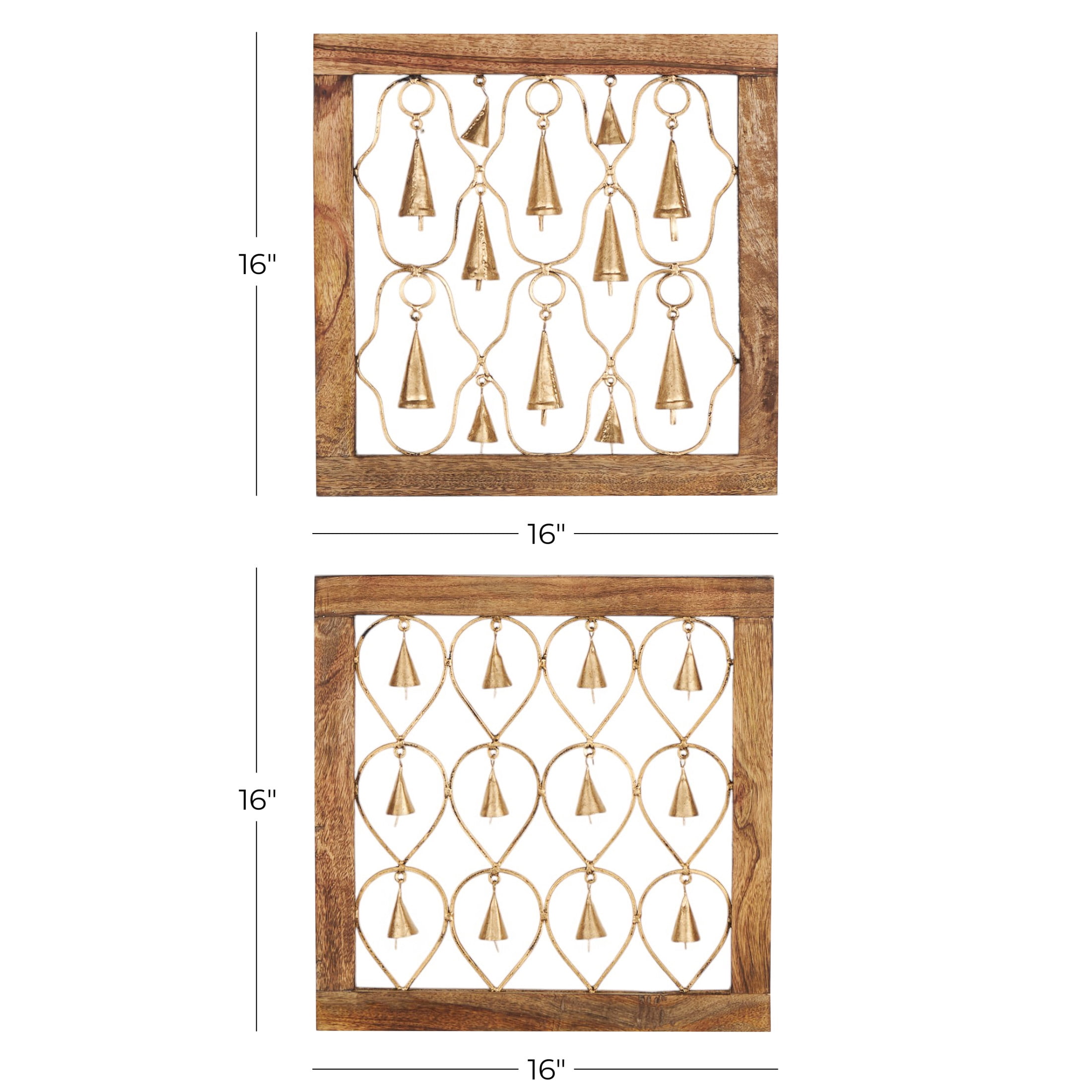 DecMode Wood Farmhouse Hanging Brown Decorative Bells in a  Square Frame with Tanished Brass Finish,  Set of 2 16"W x 16"H