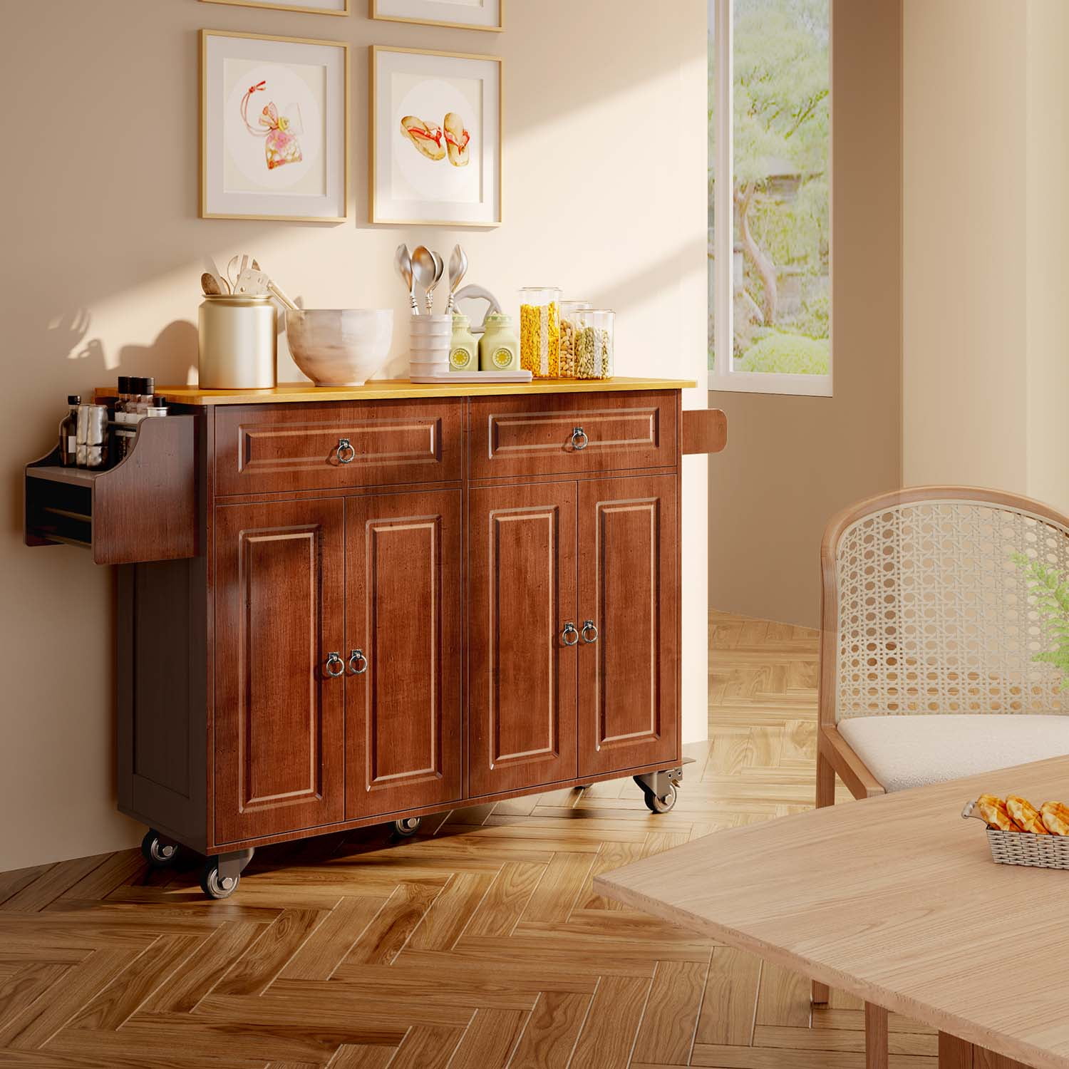 Lofka Kitchen Islands Carts with Storage, 52” kitchen Islands with 2 Storage Cabinet, Spice Rack, Towel Rack, Brown