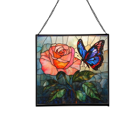 Butterfly and Rose Flower Stained Glass Panels – Square Shaped Window Hangings, Tiffany Glass Traditional Art Crafts for Home Decor Gifts 80OR1
