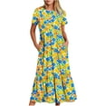 thumbnail image 2 of Viikei Flowy Short Sleeve Maxi Dress,Women's Printing Casual Short Sleeve Crewneck Dress Flowy Tiered Maxi Beach Dress with Pockets Yellow S, 2 of 6