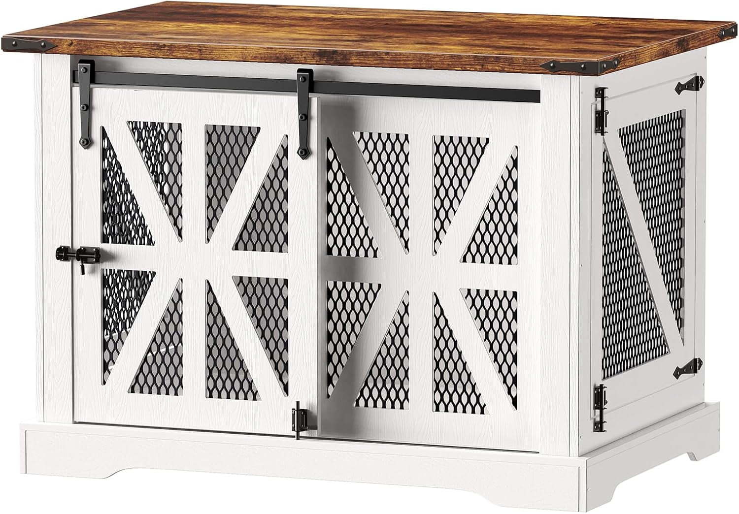 Flycity 39.4''Farmhouse Dog Crate Furniture with Sliding Door, Heavy Duty Dog Crate for Small Medium Dogs, Wooden Dog Kennel Indoor with 3 Doors, Decorative Pet House End Table for Living Room, White