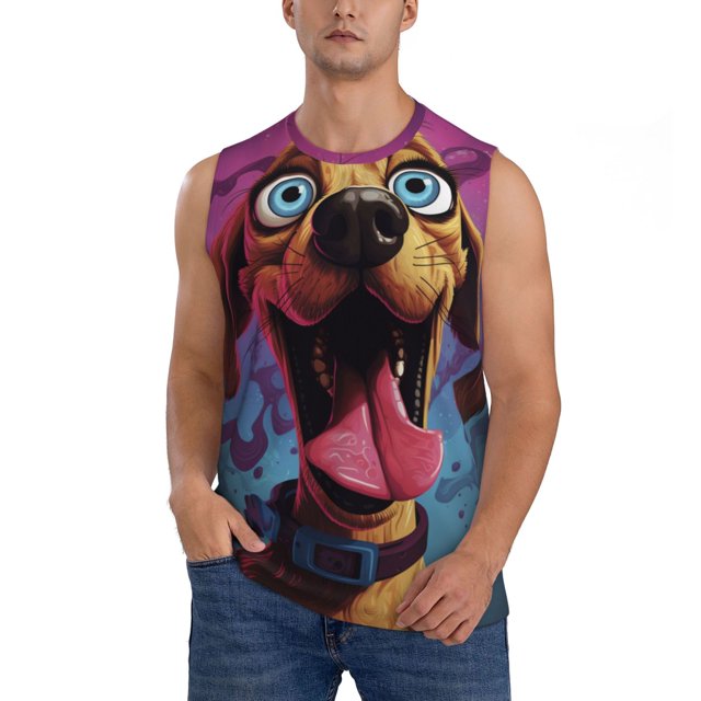 Fotbe Cartoon Big-Eyed Dog Men's Camiseta sin Mangas Estampada para Hombres, Playera Casual para Gimnasio, Entrenamiento, Playa-Medium