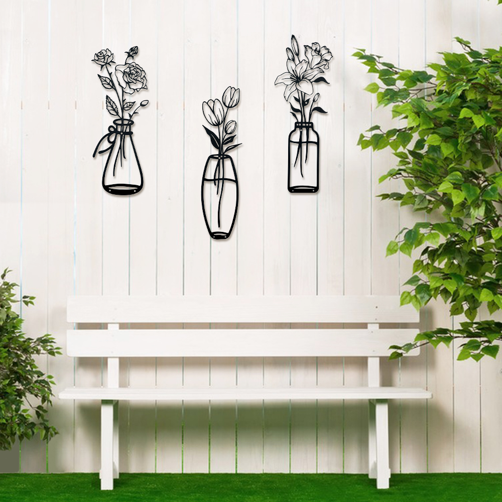 RETON 6 Pieces Black Metal Flowers Wall Decor Meta Vase Wall Art Wall Sculptures Hanging Minimalist  Natural Themed for Kitchen Bathroom Bedroom Living Room Indoor