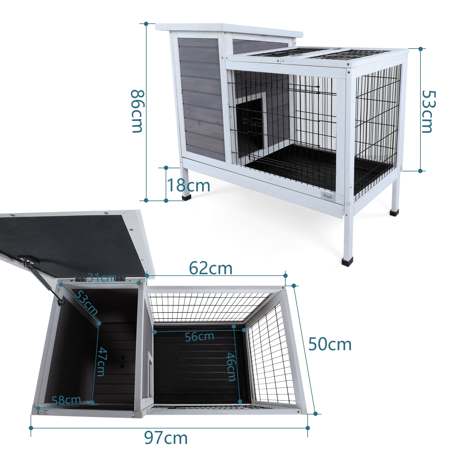 Witaxima 2-Story Wooden Rabbit Hutch with Runway, Leak-Proof Tray for Outdoor/Indoor Use, 37.5x21.5x34 Inches, Grey Small Animal Cage