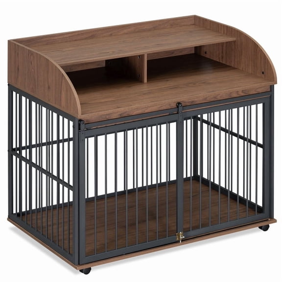 44'' Heavy Duty Large Dog Crate Furniture for Large Medium Dog with Lockable Wheels, Wooden Dog Crate Dog Kennel, End Table Crate with Double layer storage, Brown