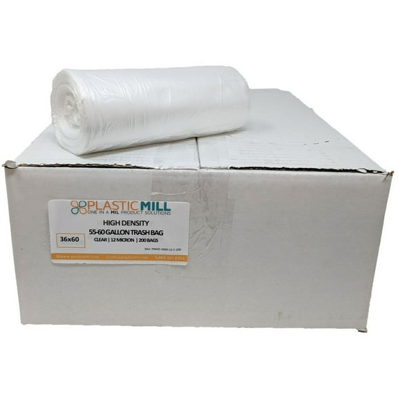 PlasticMill 50-60 Gallon, Clear, High Density 12 Micron, 36x60, 200 Bags/Case, Garbage Bags / Trash Can Liners.
