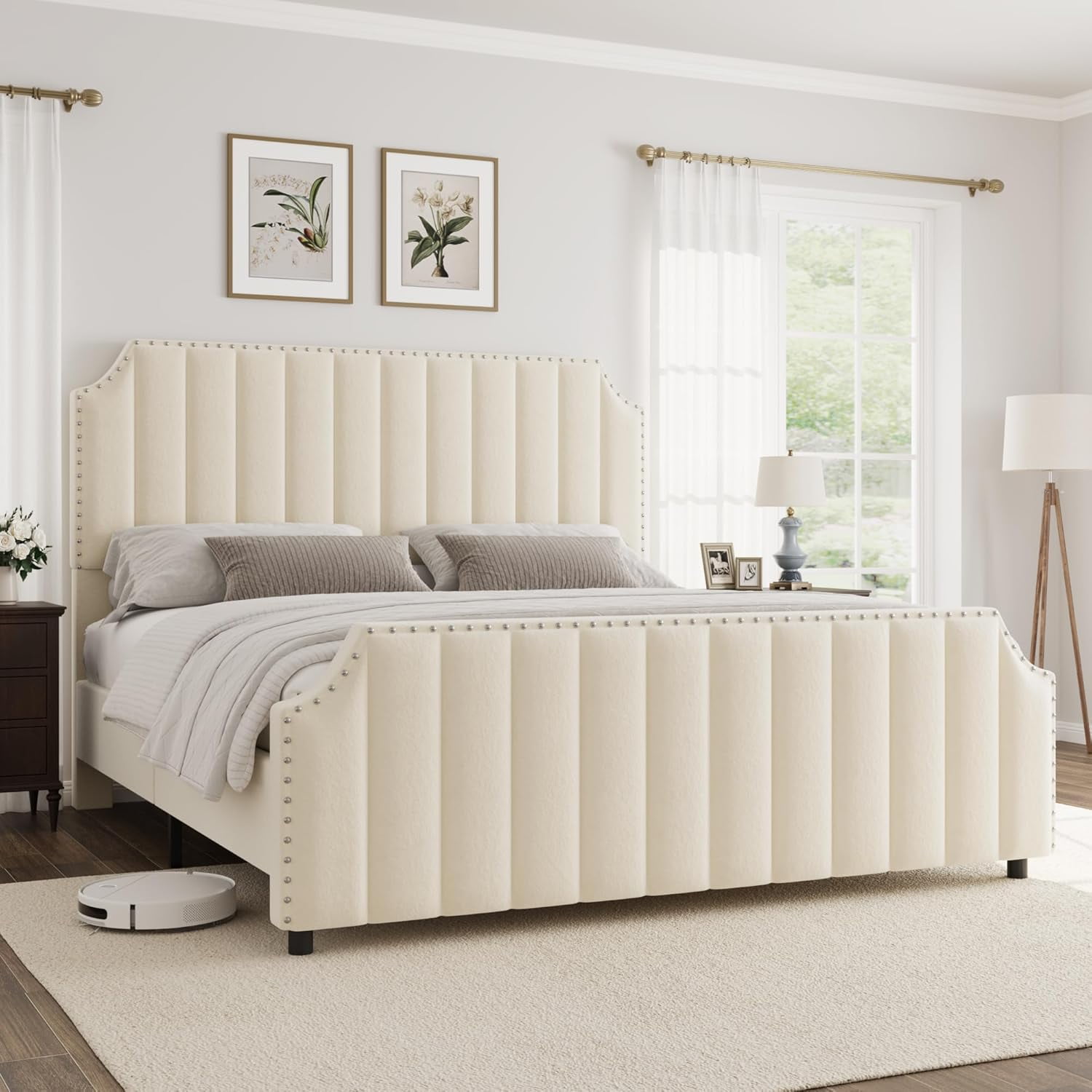 Yesurprise King Size Platform Bed Frame with 50.2Inches Headboard, Velvet Upholstered Bed Frame King with Vertical Channel Tufted Headboard & Footboard, Nailhead Trim, No Box Spring Needed