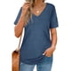 thumbnail image 2 of Camiseta de mujer simple con rayas verticales de corte holgado y manga corta con cuello en V de color puro para el verano, 2 of 5