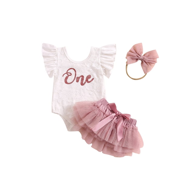 Gupgi Baby Girls One Year Birthday Outfits Infant Sleeveless Floral Lace Romper + Ruffle Tutu Skirt + Headband Set