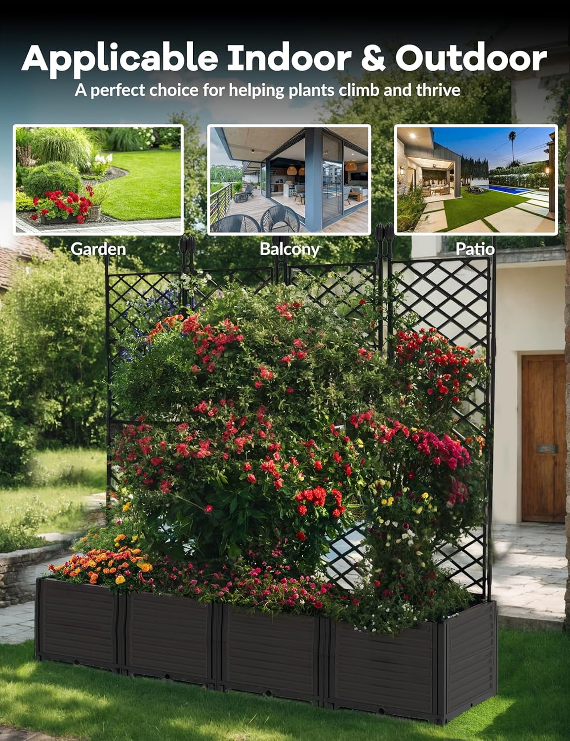 Planter Box Trellis,Large Outdoor Raised Garden Bed with Trellis,Outdoor Raised Box Privacy Screen for Climbing Plants,Planter Box for Patio Balcony Backyard Patio