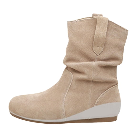 Dakaela Womens Slouch Flat Boots Low Wedge Heel Ankle Booties Suede Comfort Pull on Casual Shoes
