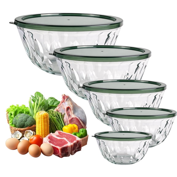 WhiteRhino 5 Packs Glass Mixing Bowls with Lids Set,Large Glass Nesting Bowl for Serving,Salad,Meal Prep,Baking,Kitchen Storage