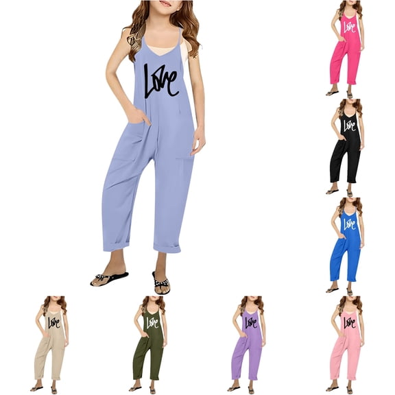 Girls Summer Print V Neck Sleeveless Romper Loose Fit Casual Jumpsuit with Pockets for and Juniors Lightweight and Comfortable Pants Romper 7-8 Years