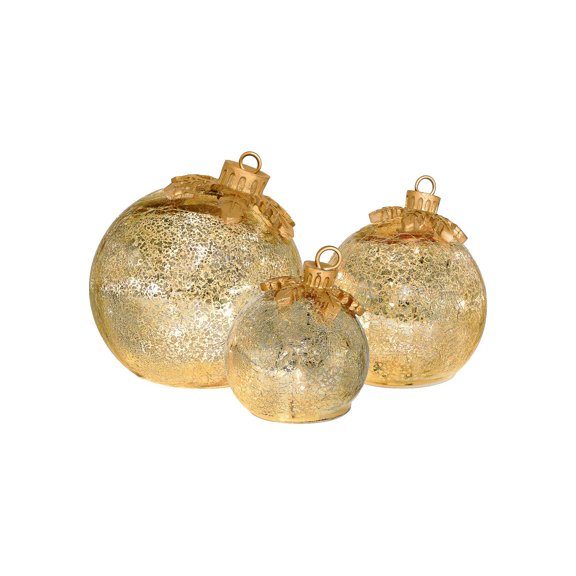 Battery-Operated Gold Glass Tabletop Christmas Ornaments - Set of 3